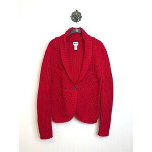 Chico's Red Chunky Knit Crochet Cardigan Sweater Shawl Collar Women's Size Large